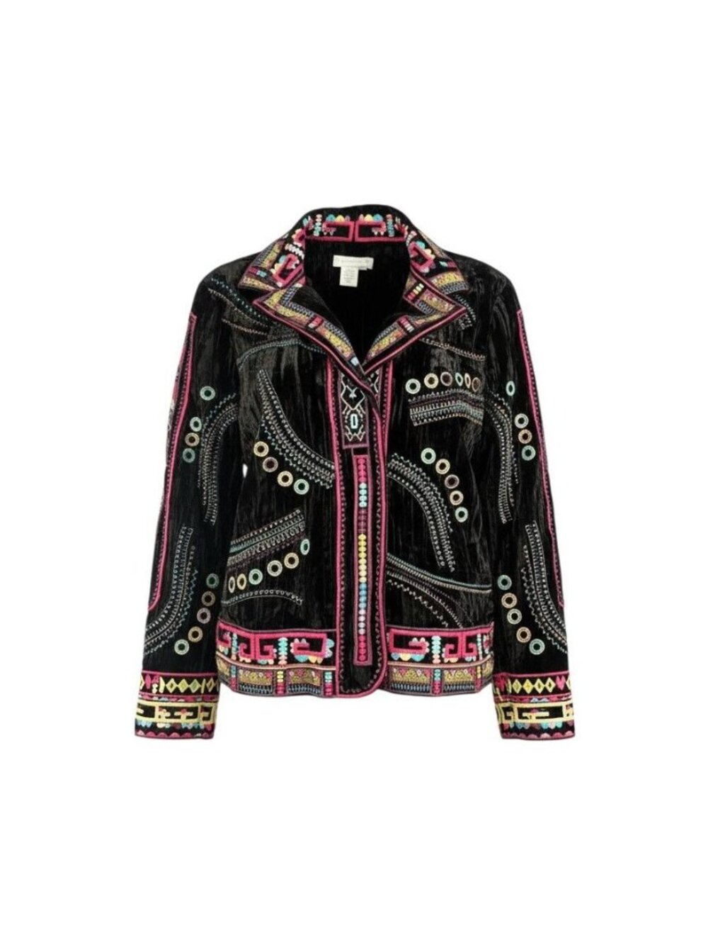 Coldwater Creek Womens Black Velvet Embroidered Jacket XL Multicolor Boho